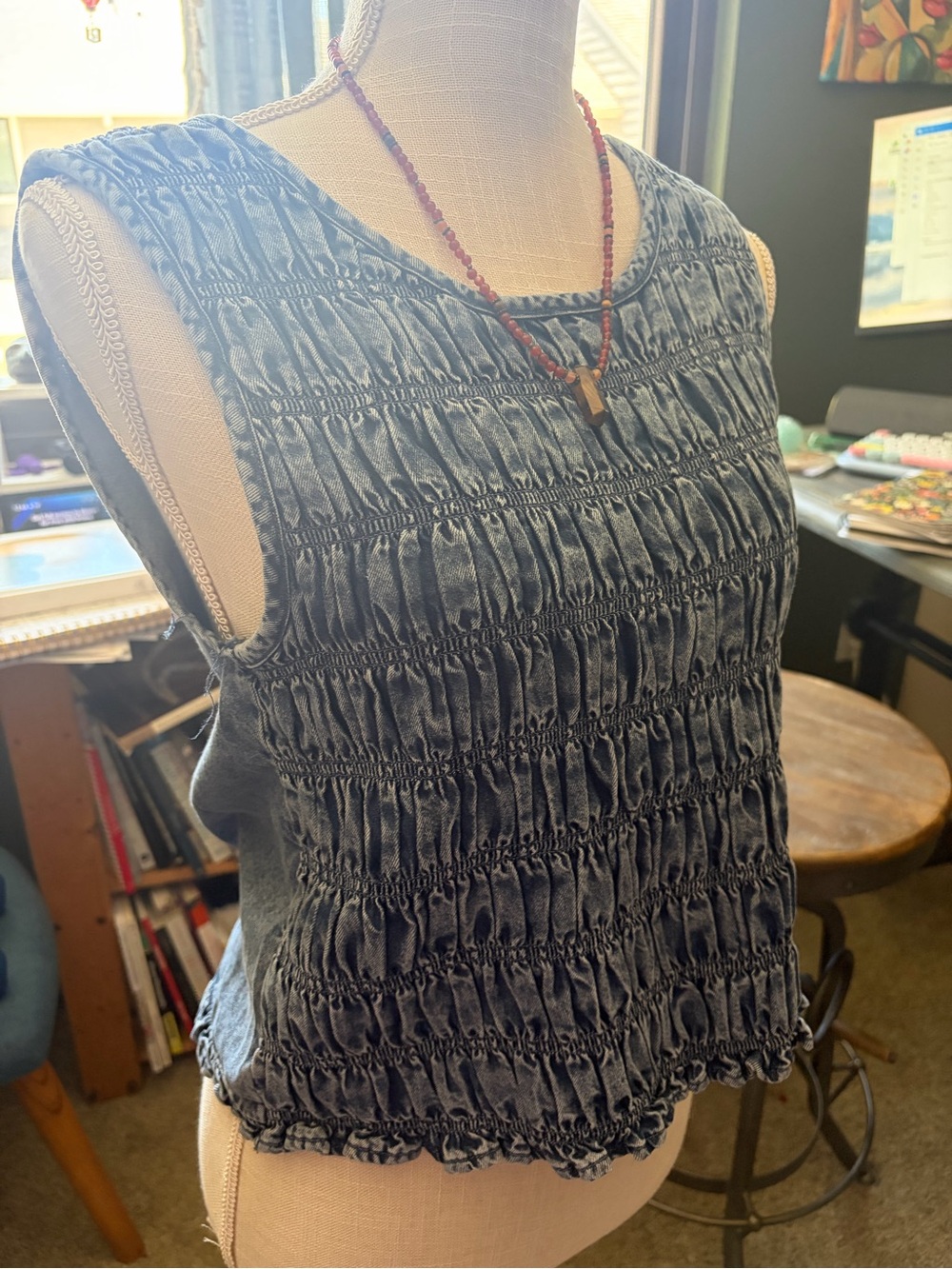 Jane and Delancey Washed Dark Blue Smocked Sleeveless Tank